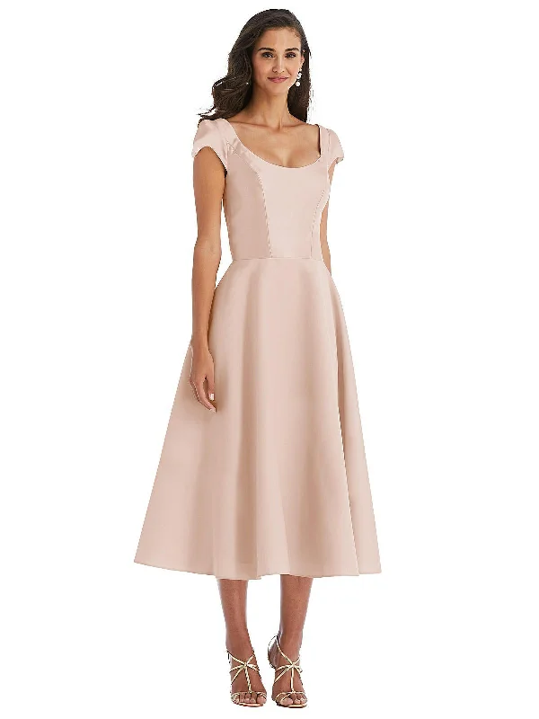 Act Fast Puff Cap Sleeve Full Skirt Satin Midi Dress