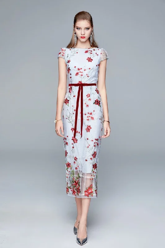 Bonus Savings Light blue & Multicolor floral print Day Fitted Boatneck Short Sleeve Midi Floral Dress