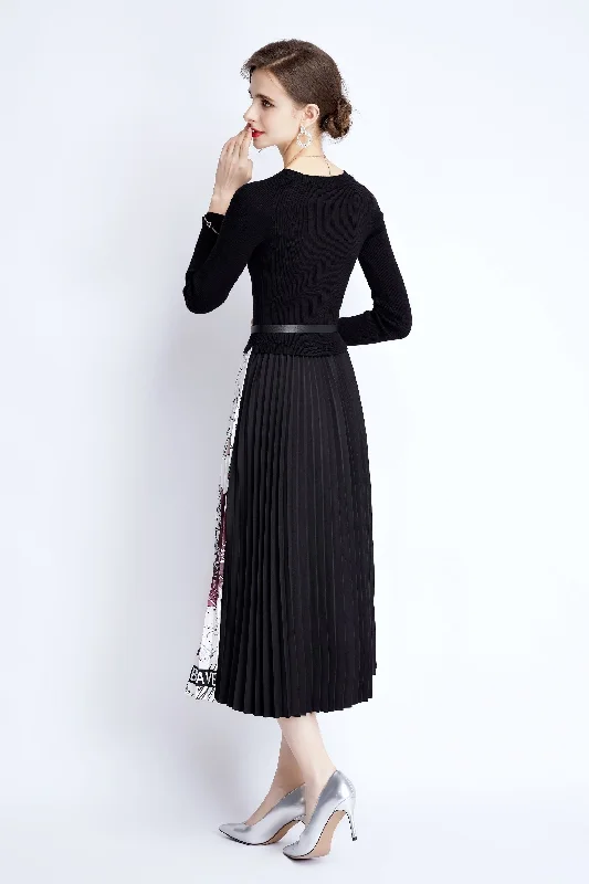 Overstock Black & White Cocktail A-line Crewneck Long Sleeve Maxi Pleated Dress