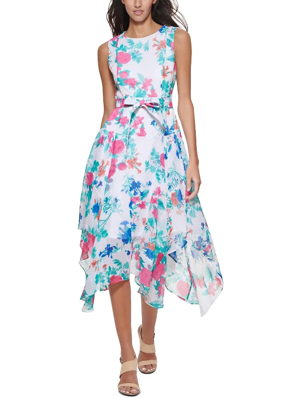 Hurry In Womens Floral Print Midi Fit & Flare Dress