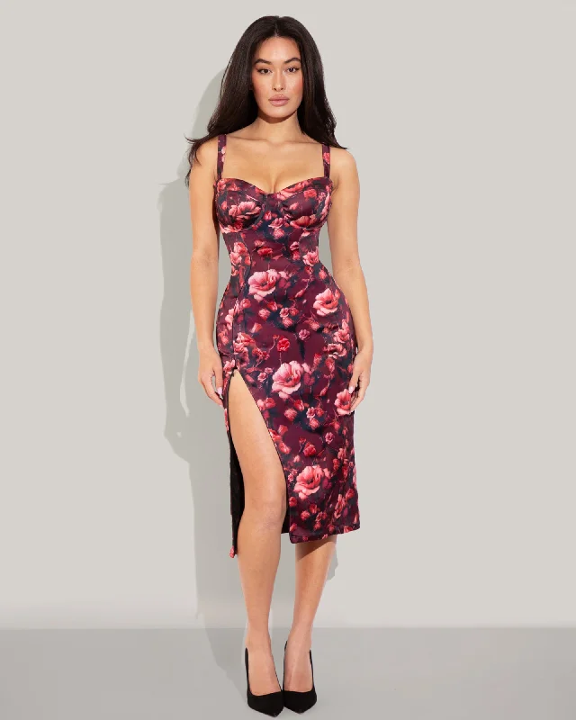 Price Reduction Seamed Lushy Satin Pencil Dress - Cranberry Floral
