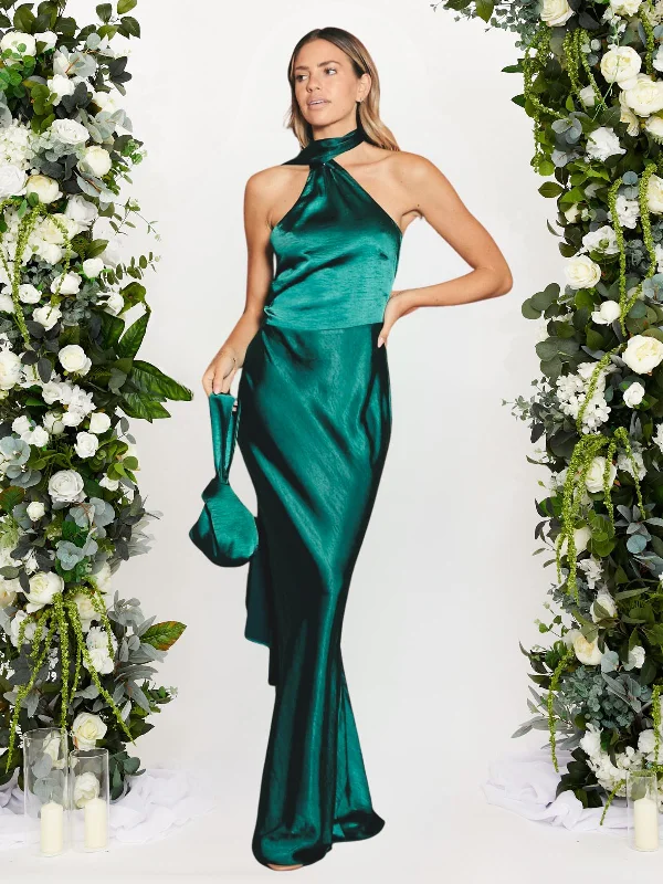 Overstock Asymmetric Scarf Satin Maxi Dress / Emerald Green