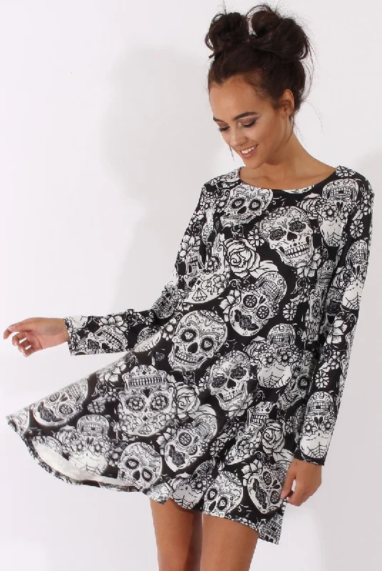 Bonus Savings Black & White Halloween Sugar Skull Swing Dress - Calavera