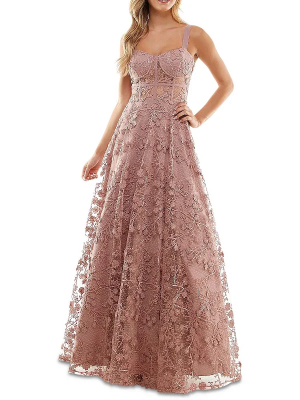 Hurry In Juniors Womens Embroidered Mesh Evening Dress
