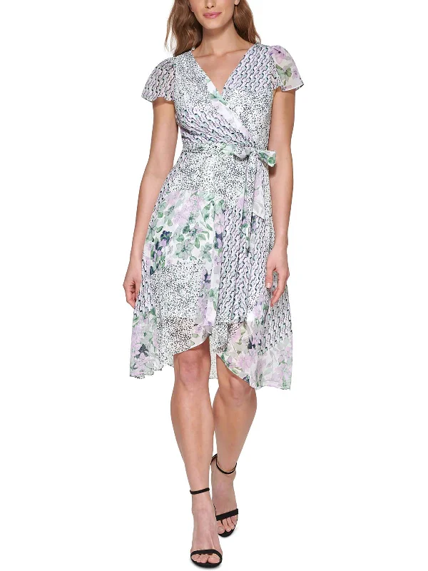 Best Seller Petites Womens Chiffon Faux-Wrap Fit & Flare Dress