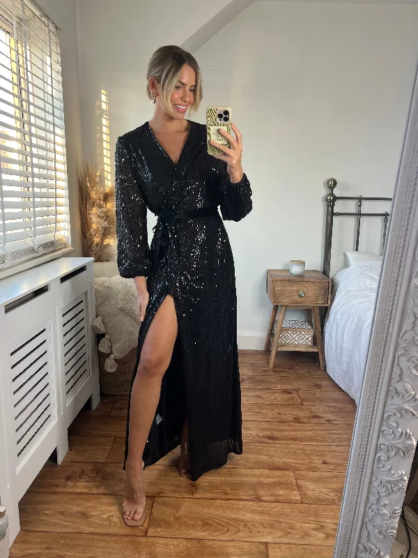 Midnight Sale Ria Sequin Wrap Maxi Dress / Black