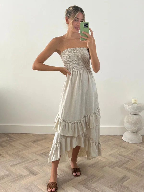 Today’s Deal Bessie Shirred Frill Midi Dress in Cream
