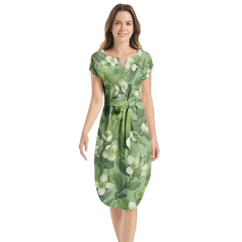 Savings Alert Notched Neck Belted Dress