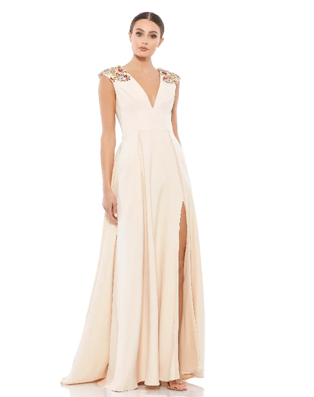 Stock Clearance Beaded Cap Sleeve V Neck A Line Gown