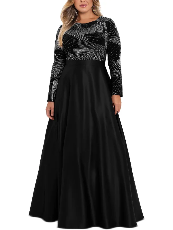 New Deals Plus Womens Satin Glitter Evening Dress