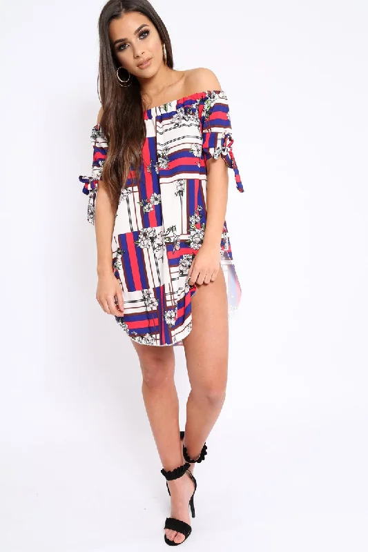 Massive Deals Beige and Red Floral Bardot Dress - Zhen