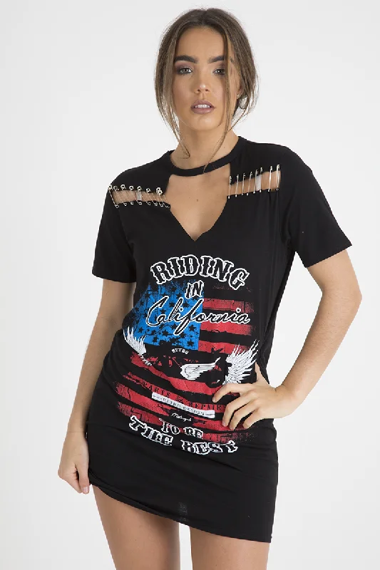 Daily Specials Black 'Riding In California' Graphic Print Cut Out Pin Detail T-Shirt Dress - Harper