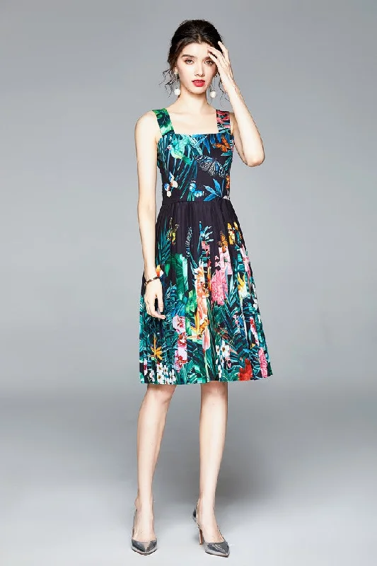 Final Clearance Black & Multicolor print A-line Off The Shoulder Strap Knee Printed Dress
