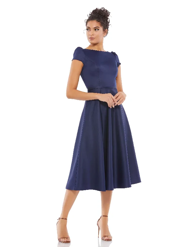 Mega Sale Satin Puff Shoulder Tea Length Dress