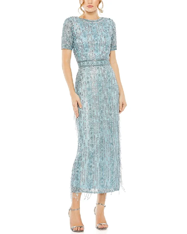 Bargain Prices Mac Duggal High Neck Crystal Fringe Column Dress