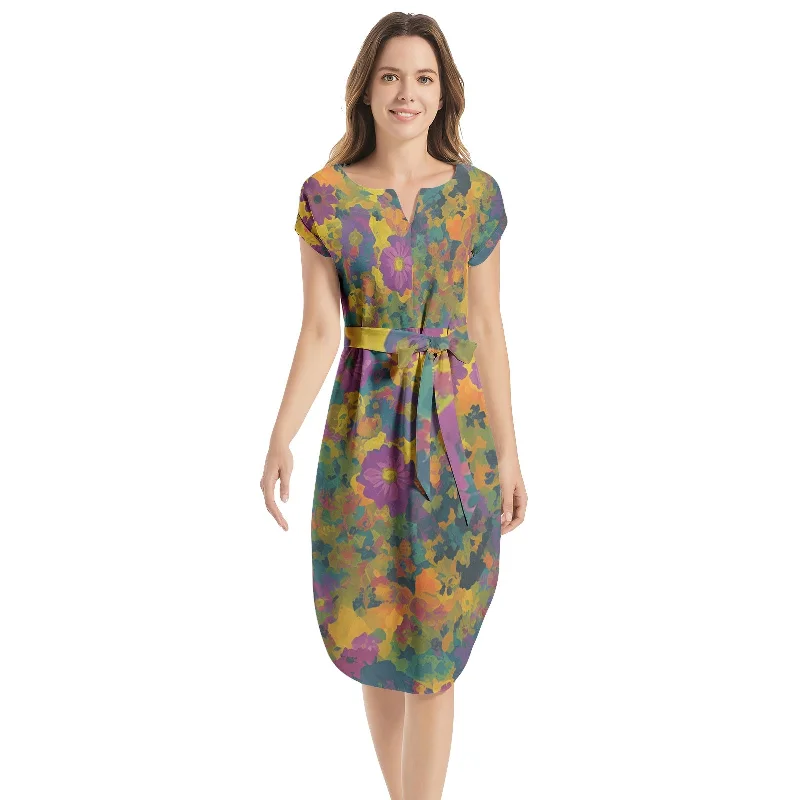 Year-End Sale Notched Neck Belted Dress