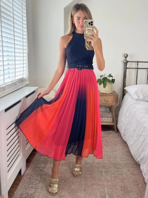Weekend Deal Luisa Belted Pleated Maxi Dress / Navy & Orange Ombre