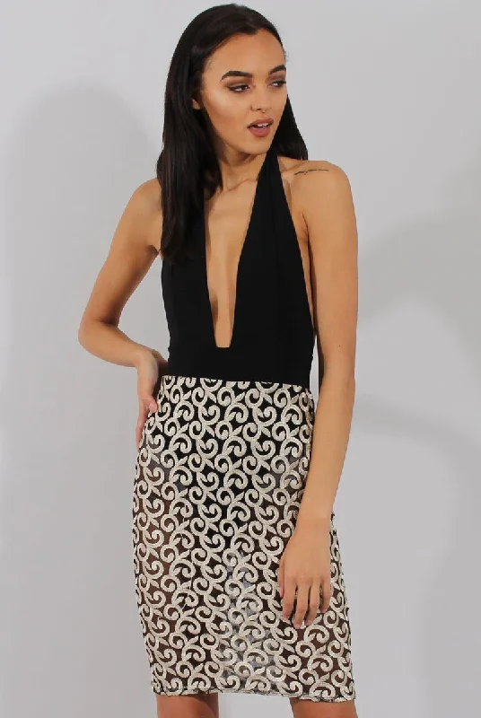Price Rollback Black & Gold Embroidered Halter Neck Dress - Oona