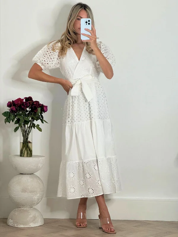 Now or Never Claudia Puff Sleeve Broderie Midaxi Dress in White