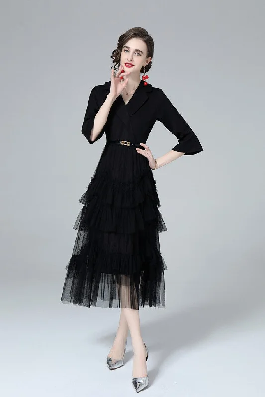 Don't Wait Black ?ocktail A-line Notch Lapel Elbow Sleeve Midi Ruffled Dress