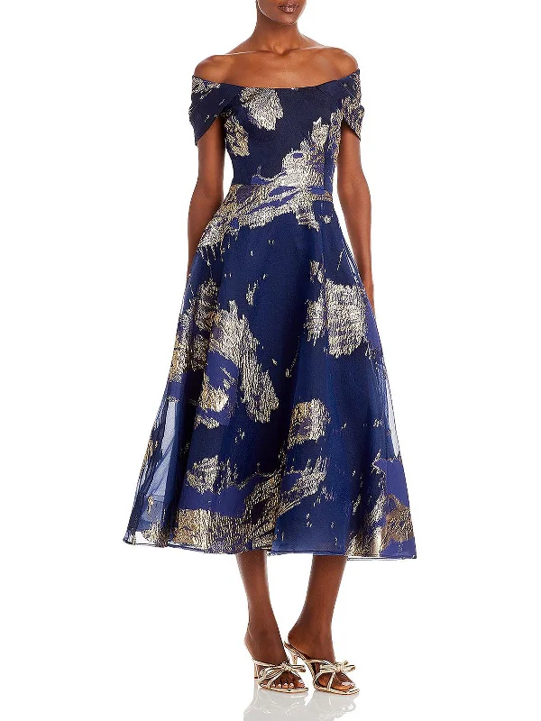 Extra Savings Womens Jacquard Off-The-Shoulder Midi Dress