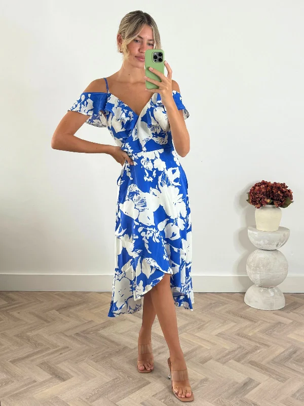 Take Advantage Harri Cold Shoulder Midi dress / Cobalt Floral