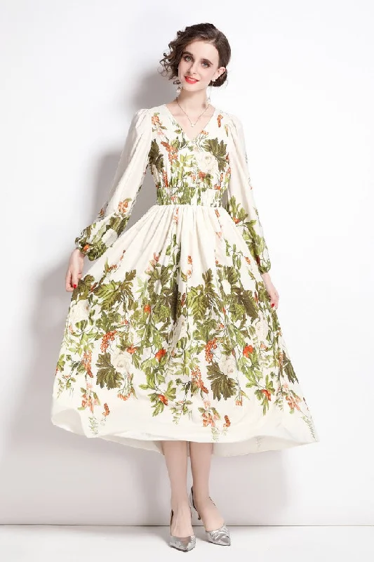 Today’s Deal White & Floral print Day A-line V-neck Bishop Long Sleeve Maxi Dress