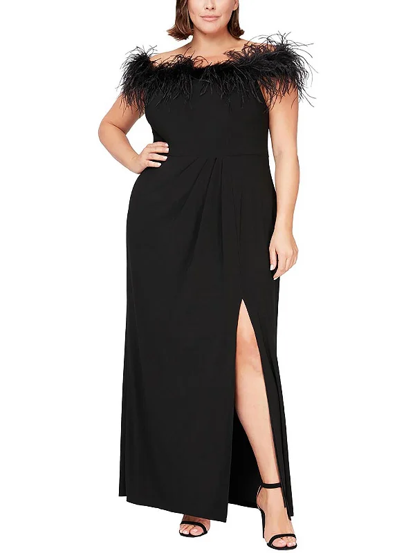 Price Fest Plus Womens Off-The-Shoulder Feather Evening Dress