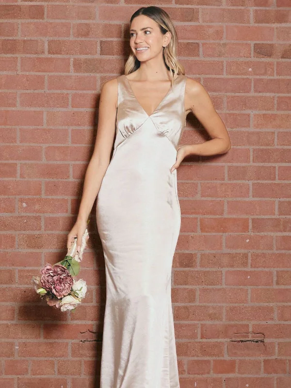 Super Sale V Neck Satin Maxi Dress / Champagne