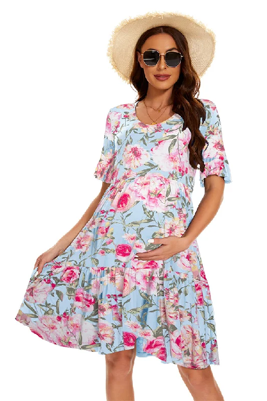 Super Sale Smallshow Floral Ruffle Short Sleeve Maternity Dress