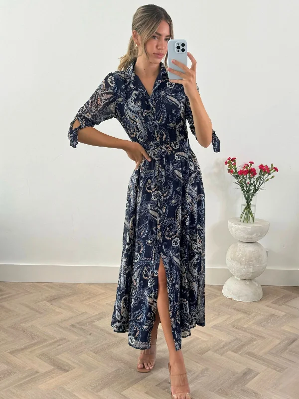 Savings Spectacular Daphne Belted Shirt Dress / Blue Paisley