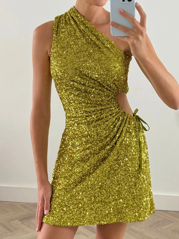 Huge Discounts Ayla One Shoulder Mini Dress / Lime Sequin