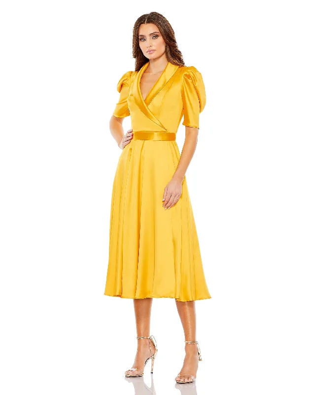 While Supplies Last Satin Lapel Puff Sleeve Tea Length Dress