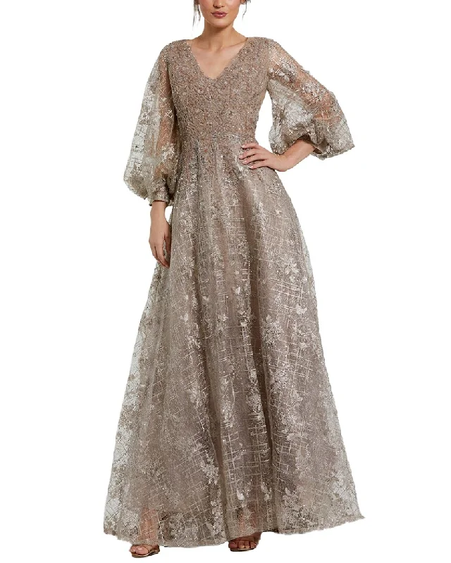 Mega Sale Mac Duggal Embellished Plunge Neck Puff Sleeve A-Line Gown