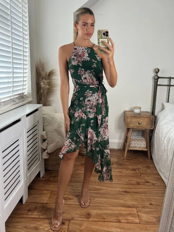 Great Deals Ariana Halter Frill Dress / Chiffon Green Floral