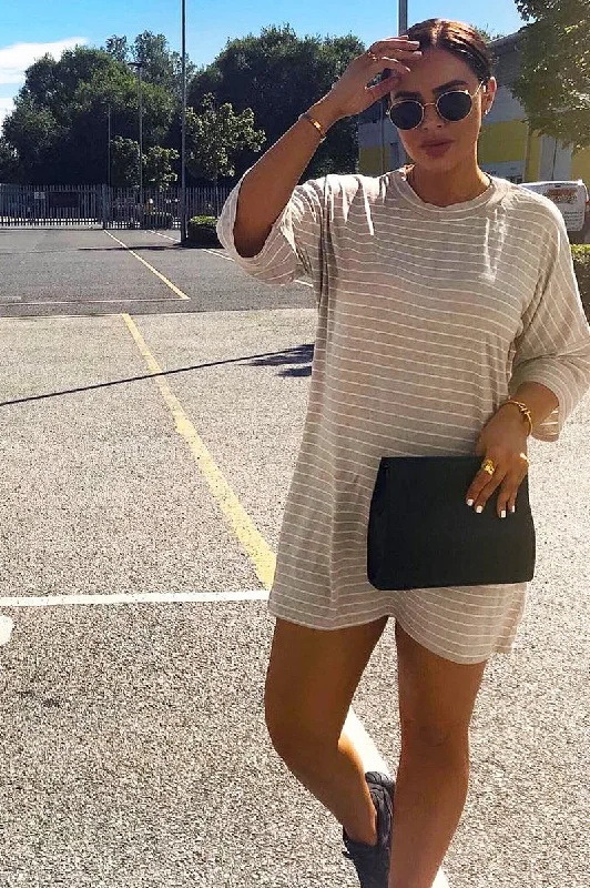 Low Prices Beige And White Stripe T-Shirt Dress - Addaly