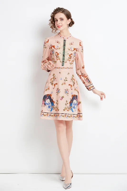 Deal Explosion Nude pink Day A-line Crewneck Long Sleeve Above Knee Printed Dress