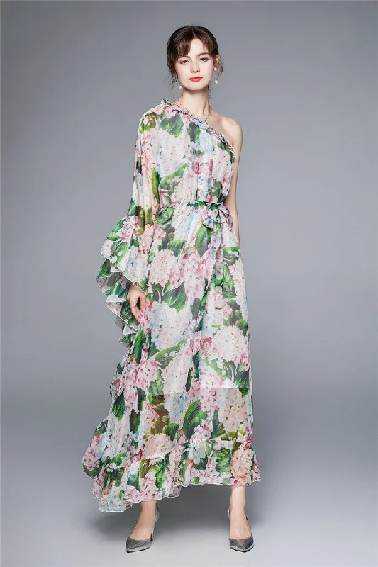 Can't Miss White & Green ?ocktail & Party A-line Asymmetric Neck Long Sleeve Ruffled Tea Dress