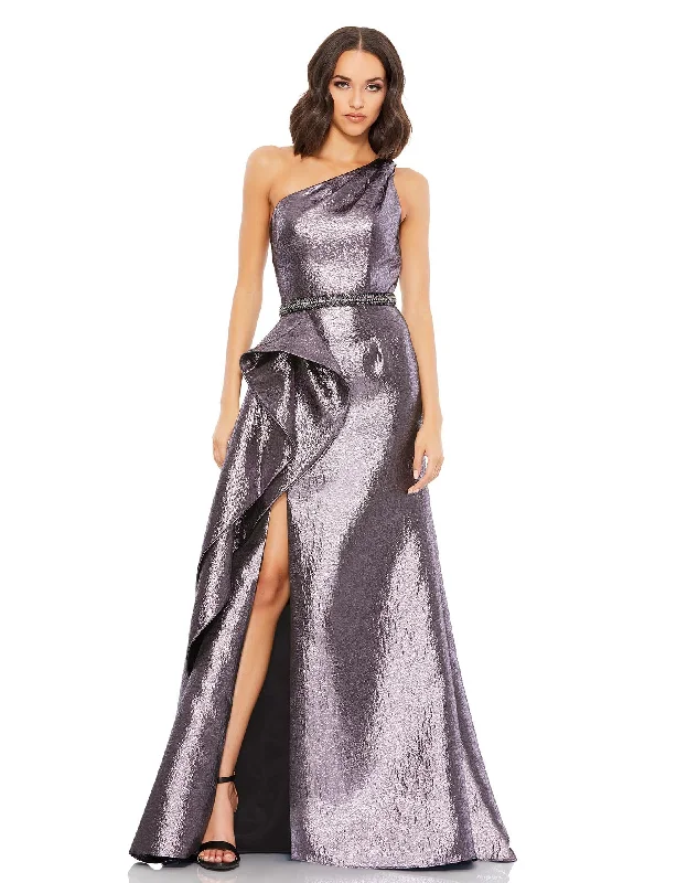 Stock Clearance One Shoulder Metallic Ruffled Evening Gown