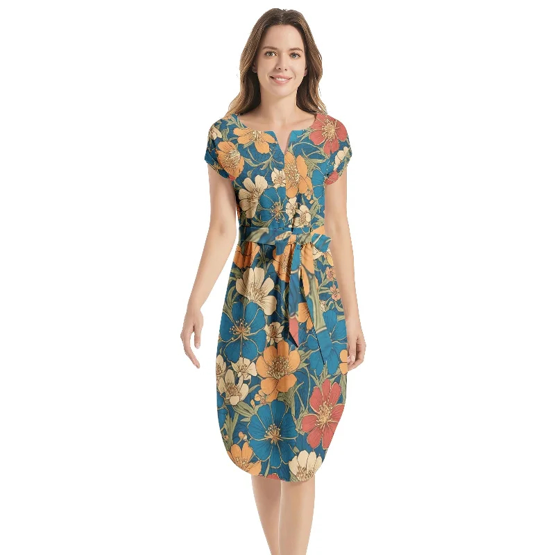 Clearance Event Notched Neck Belted Dress