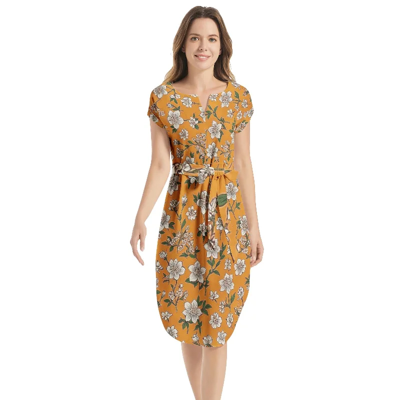 Mega Sale Notched Neck Belted Dress