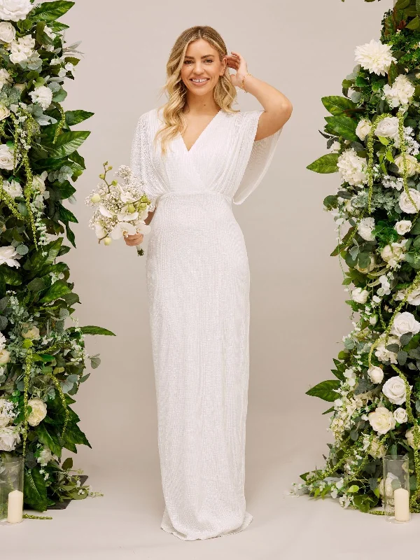 Deal Dash Angel Sleeve Sequin Maxi Bridal Dress / White Sequin