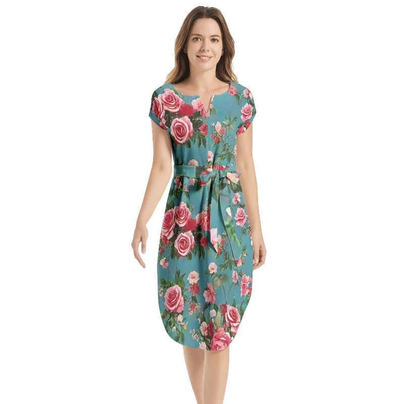 Price Cut Notched Neck Belted Dress