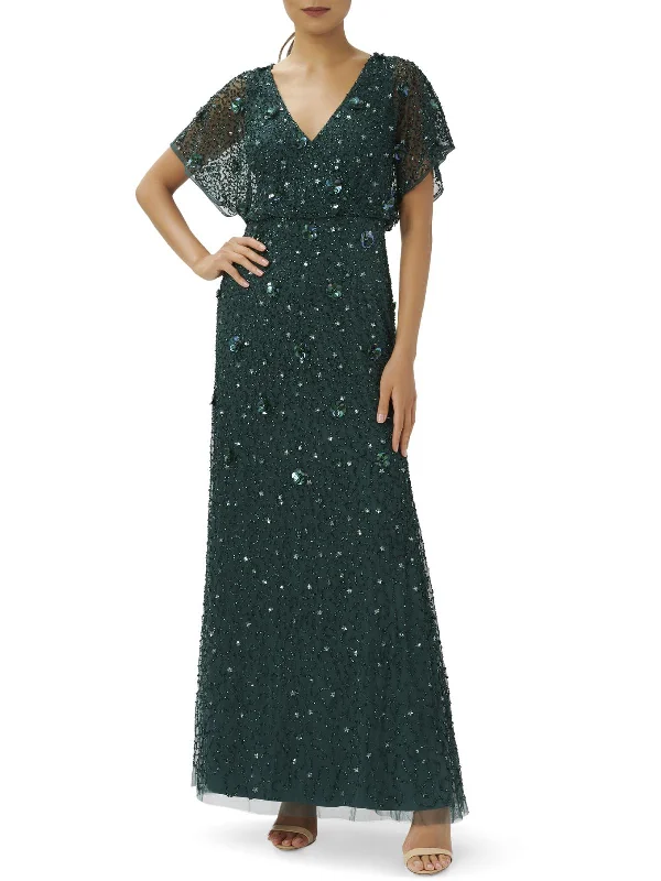 Midnight Madness Womens Beaded Maxi Evening Dress