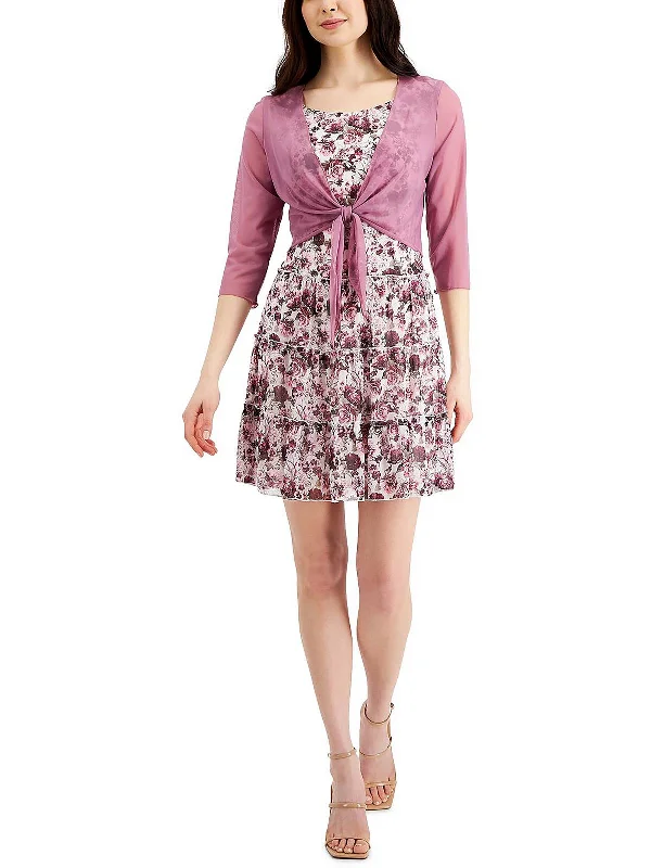 Overstock Petites Womens Floral Print Knee Fit & Flare Dress