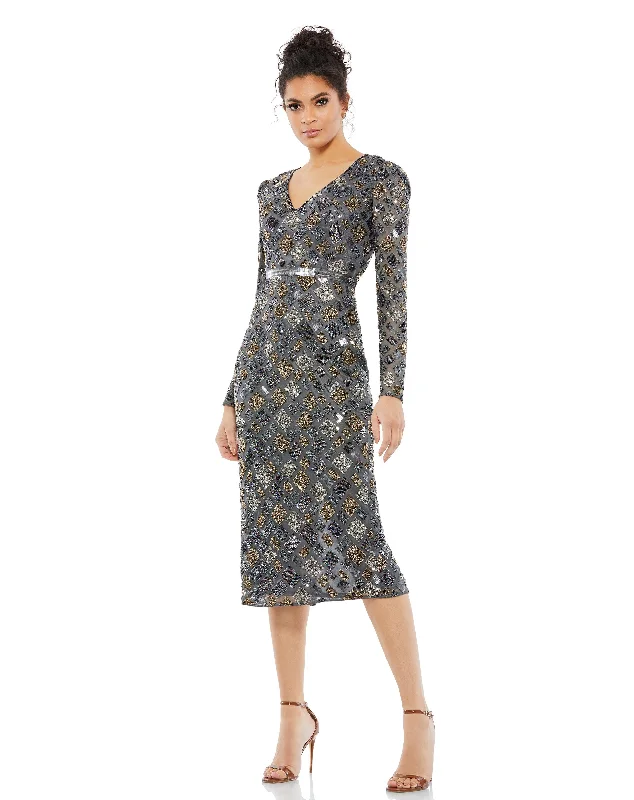 Buy Now Long Sleeve Geometric Sequin Midi Dress
