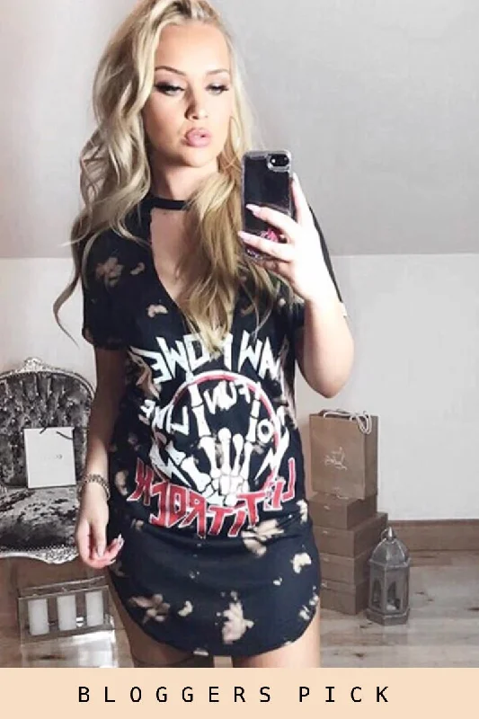 Unbeatable Prices Black Acid Wash 'Raw Power' Print Cut Out Choker T-Shirt Dress - Paige