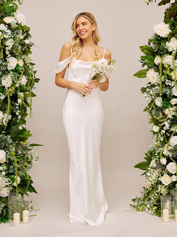 Exclusive Offers Cold Shoulder Satin Bridal Maxi Dress / White