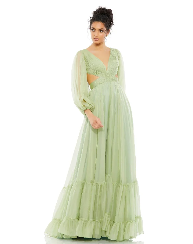Take Advantage Pleated Cut Out Long Sleeve Lace Up Tiered Gown