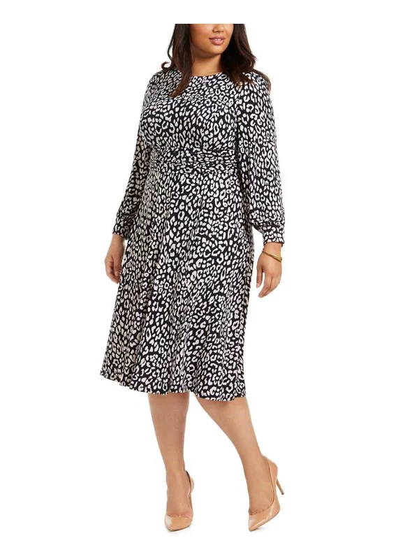 Year-End Sale Plus Womens Printed Long Sleeve Midi Dress